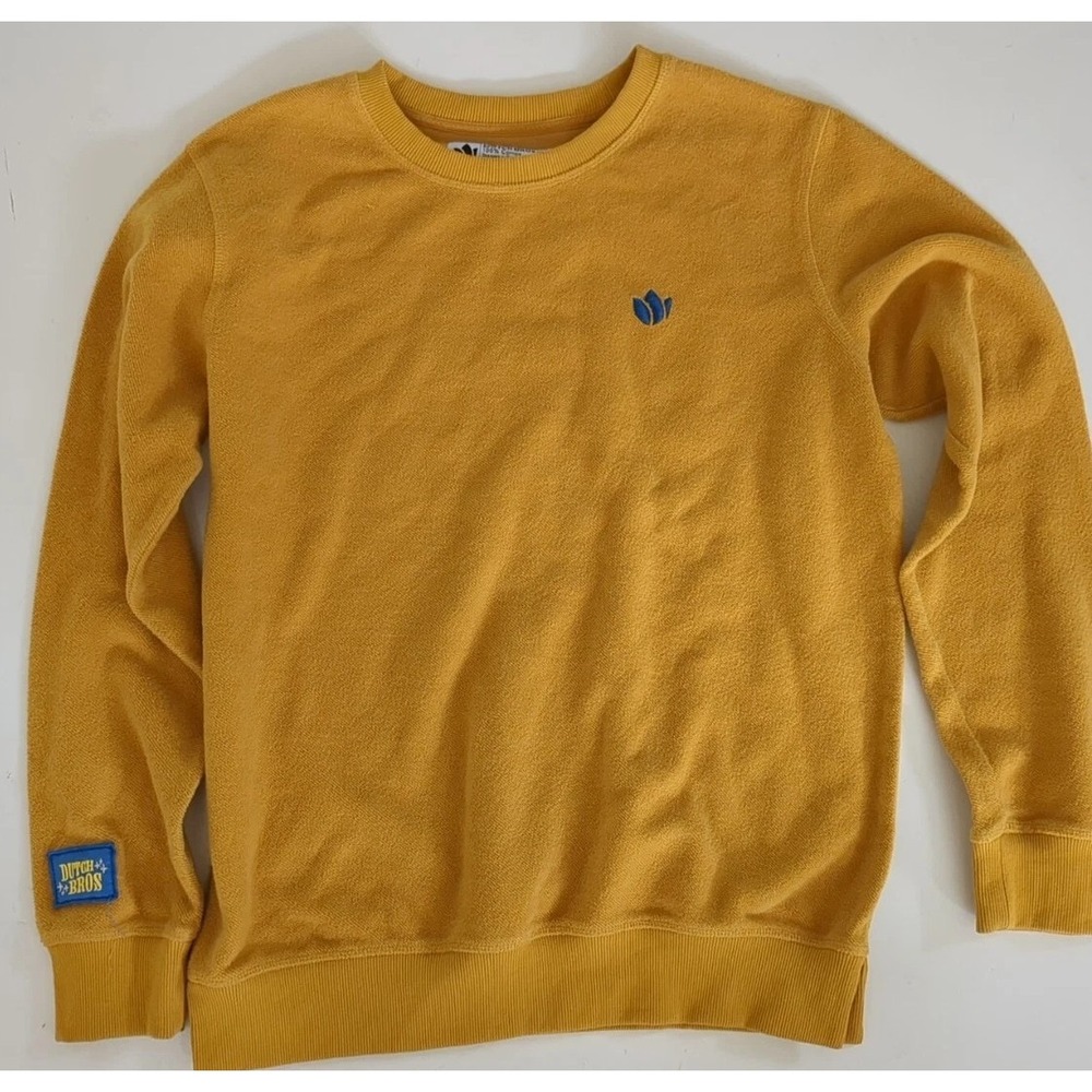 Dutch Bros Coffee Mens Sweater Mustard Yellow Sweatshirt Fleece Size S SMALL